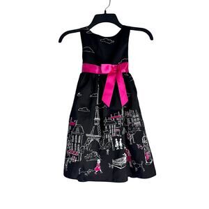 Girls Paris Graphic A Line Dress Sleeveless Black Pink Size 6 Bow Tea Party